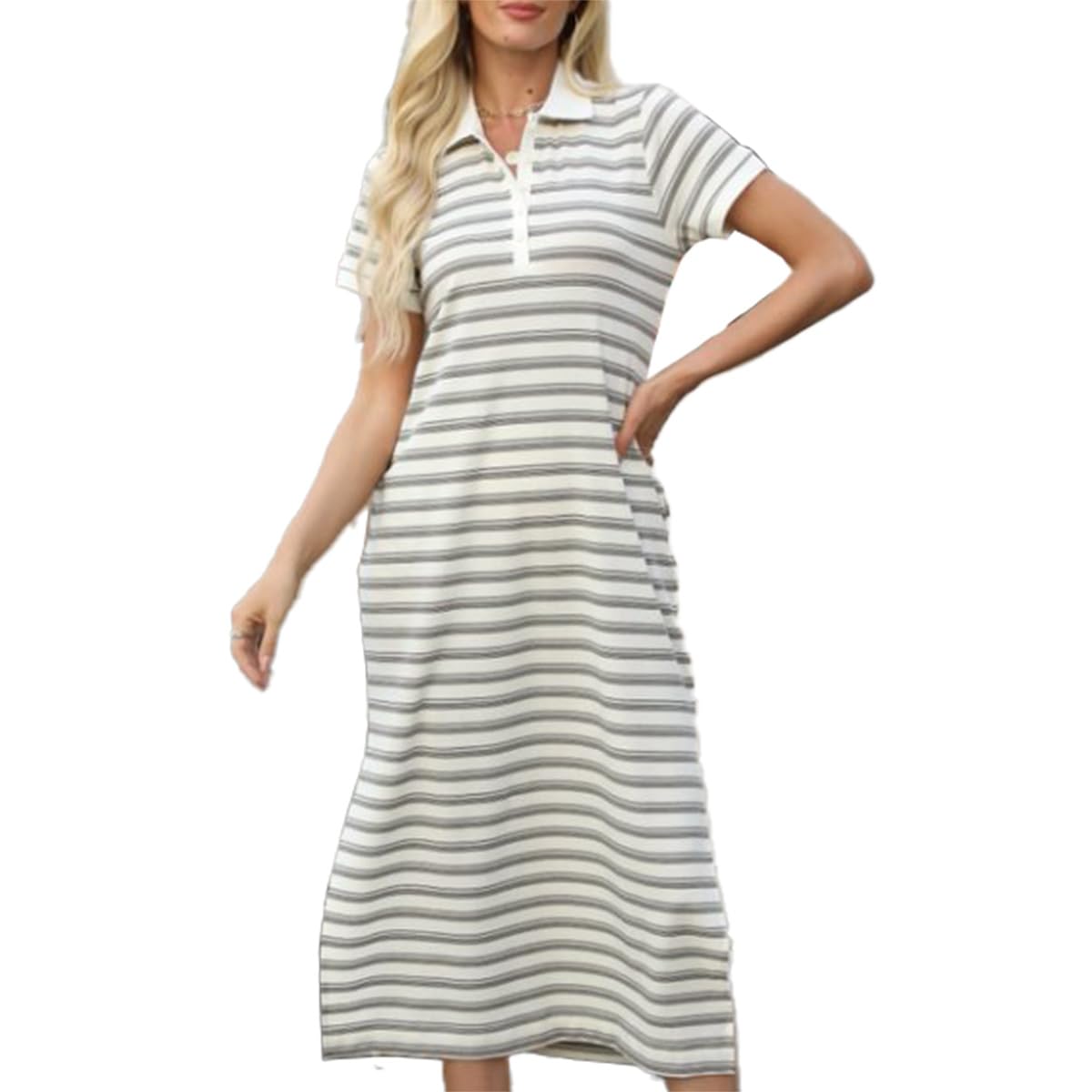 URBAN REVIVO Women's Casual Summer Striped Midi Dress Maxi Knit Dresses with V Neck Side Slit