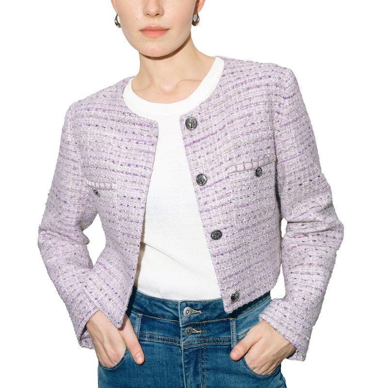 URBAN REVIVO Women's Long Sleeve Cropped Tweed Jacket for Work Office Slim Fit with Pocket Button Style
URBAN REVIVO Wom