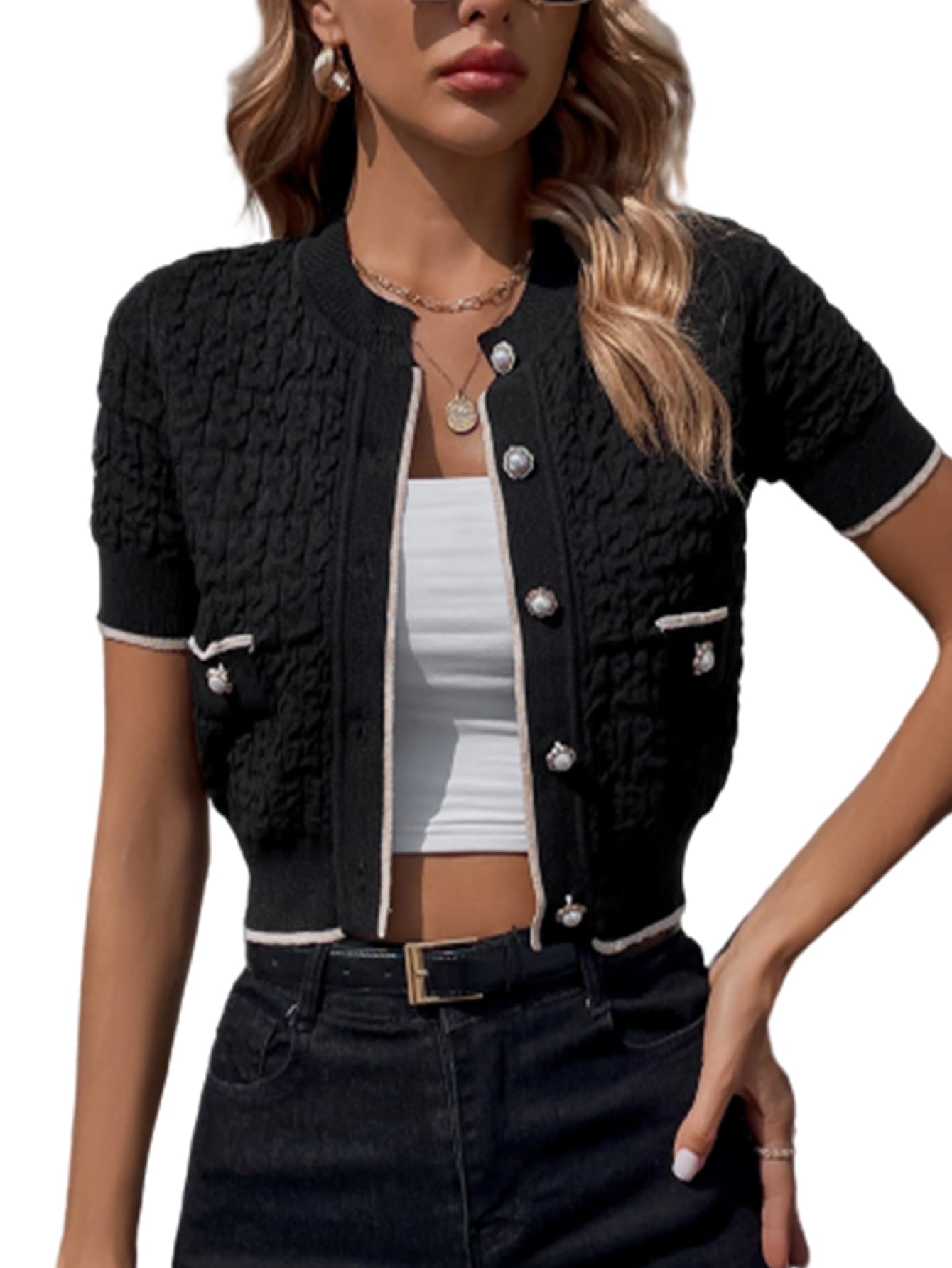 Verdusa Women's Casual Short Sleeve Crop Knit Top Cardigan For Fall_os_ Warm And Comfortable_Os_Compressions_Os_Soft And