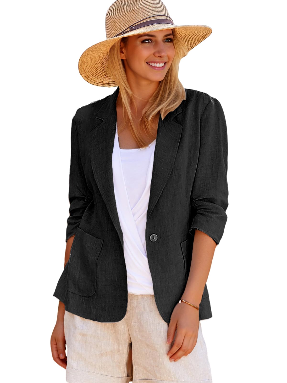 Mina Self 2025 Summer Linen Blazer for Women Lightweight 3/4 Stretchy Ruched Sleeve Fully-Lined Casual Work Jacket with