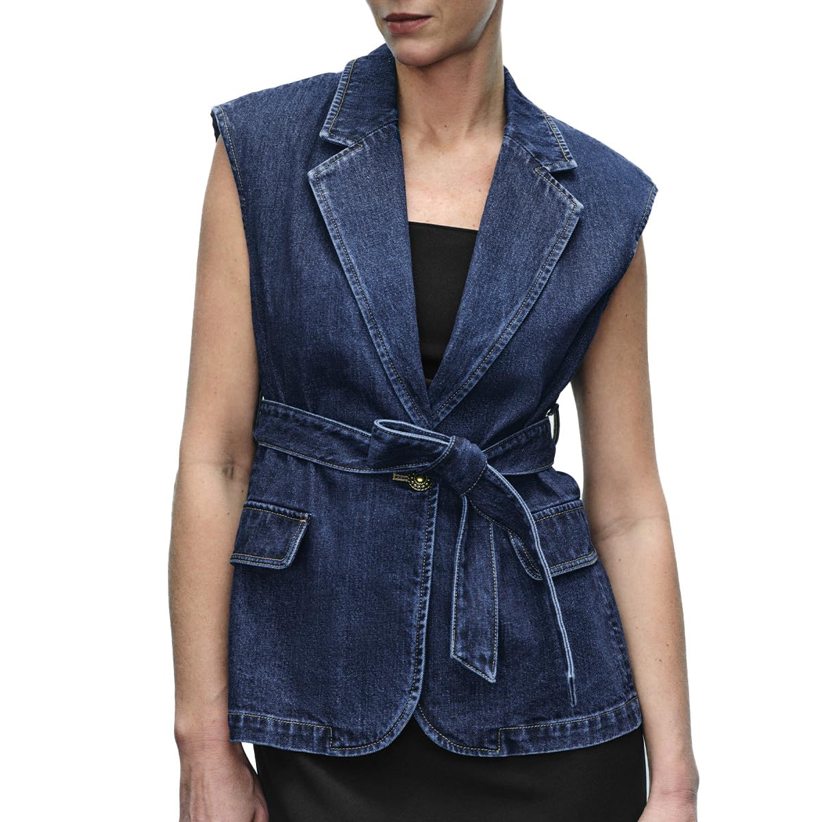 URBAN REVIVO Womens Denim Vest V-Neck Lapel Button Down Sleeveless Classic Jean Jackets With Belt Pockets Trendy Denim V