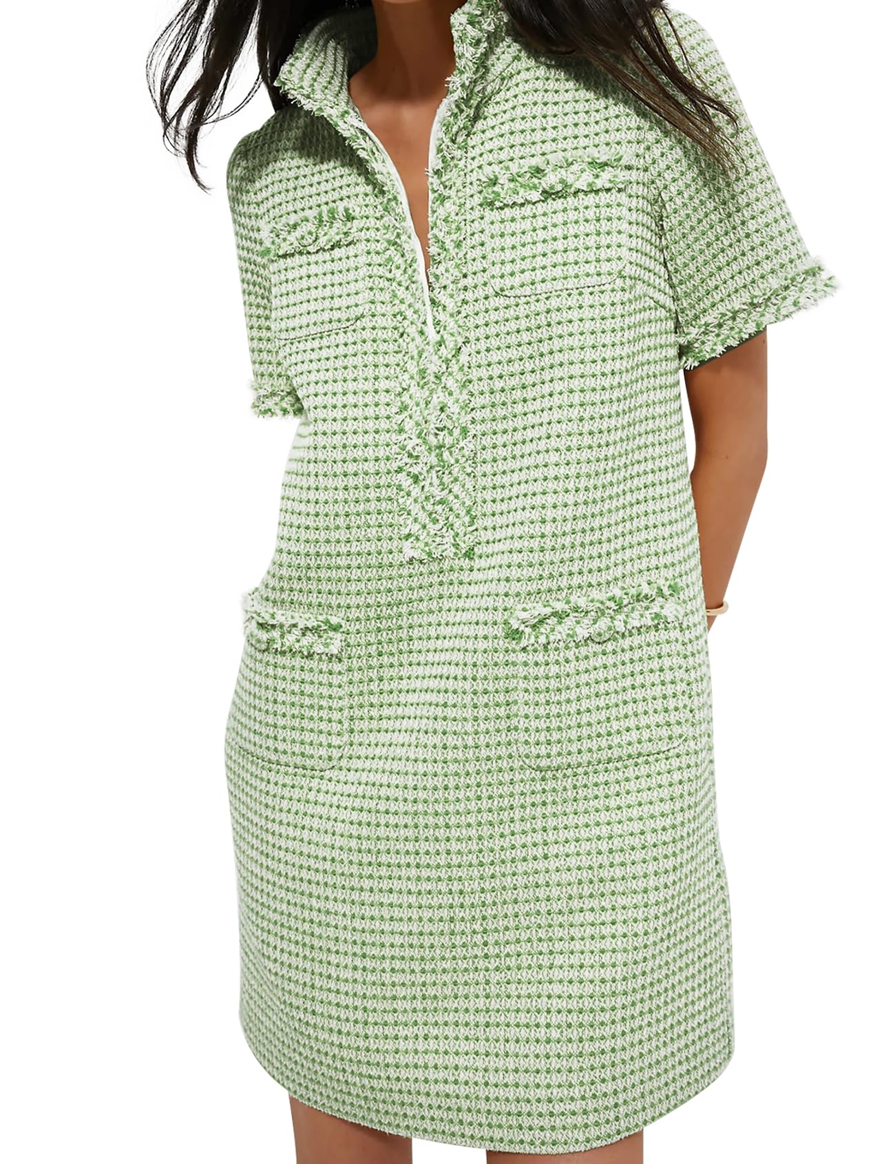 COZYPOIN Women's Elegant Mini Tweed Dress with Front Half Zipper & Pockets for Casual Work