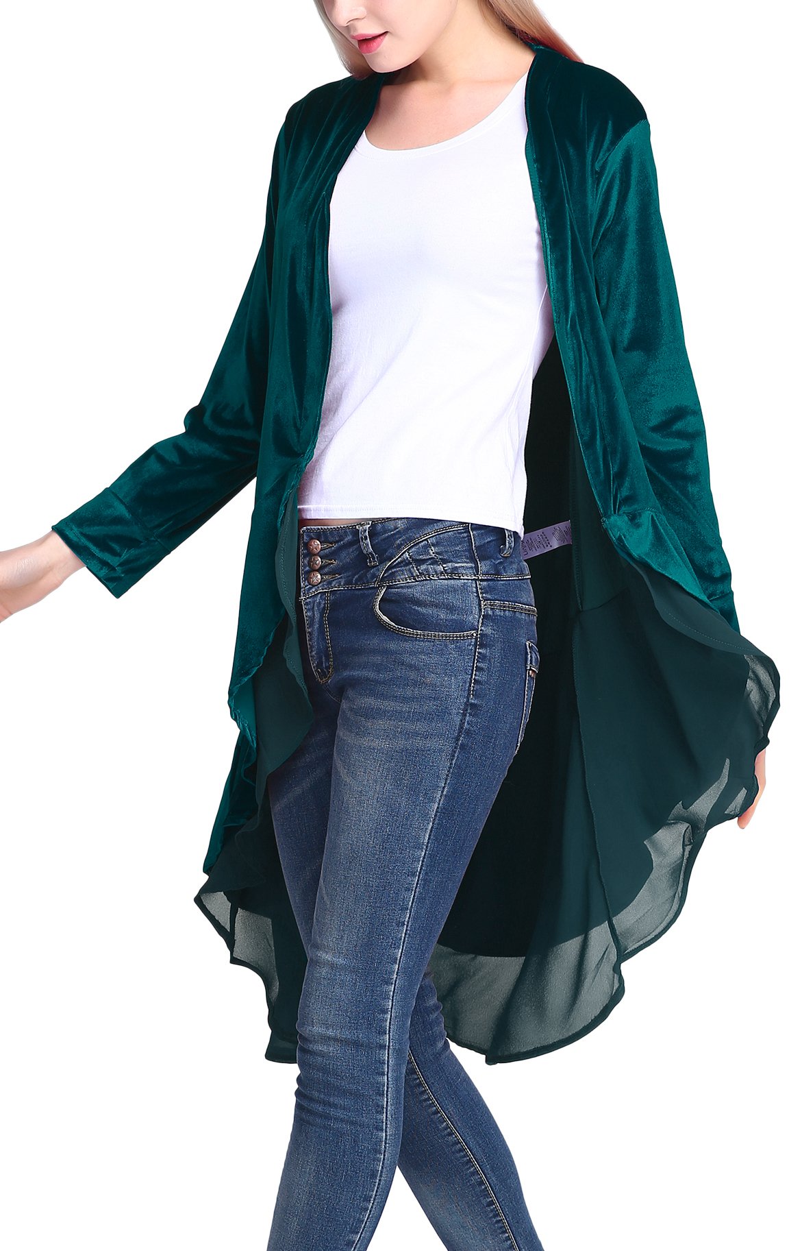 Urban CoCo Women's Long Sleeve Velvet Cardigan Coat with Asymmetric Chiffon Hem for Charming Winter Looks